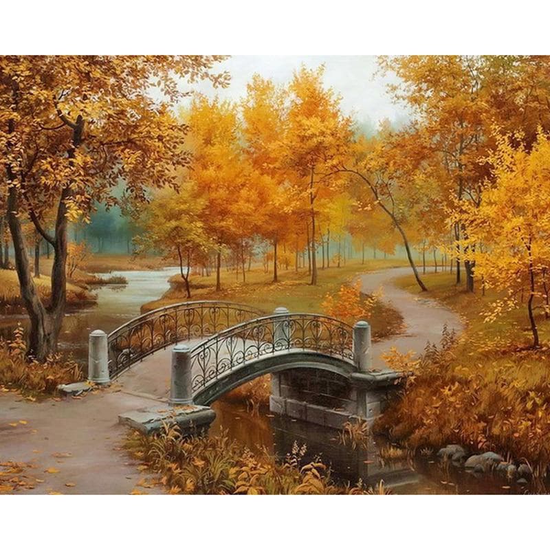Diamond Painting Diamond Embroidery Autumn Forest & Bridge 5d Diy Full Round Diamond Mosaic Diamond 20X30CM