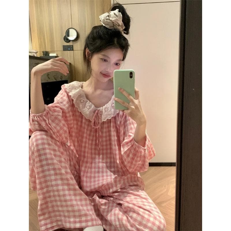 Women's Pajamas New Autumn Spring Long Sleeve Soft Sleepwear Set Grid Cartoon Pyjama Woman Home Nightwear Set Cardigan XXL