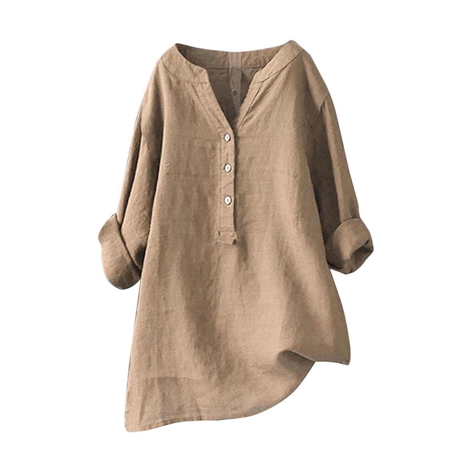 Women Solid Stand Collar Long Sleeve Shirt Casual Loose Blouse Button Down Tops M khaki