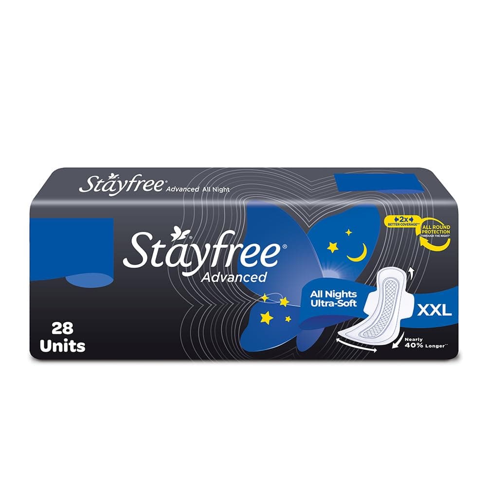 Stayfree Advanced XXL All Night Soft Cover Sanitary Pads For Women With Wings, 28 Pads