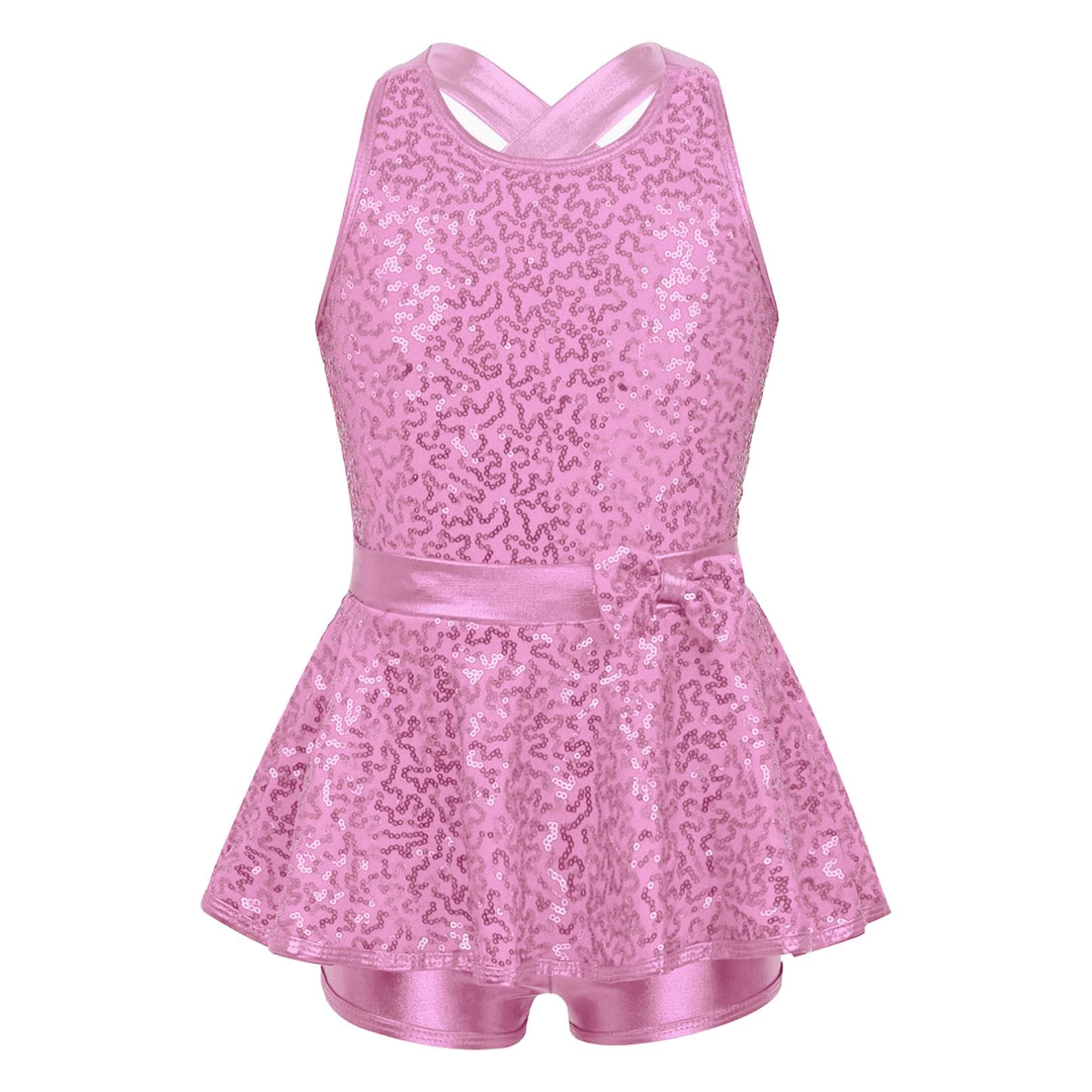 Kids Girls Sequins Ballet Jazz Modern Tap Dress Gymnastics Dance Leotard Tutu Dress 10-12 Years pink