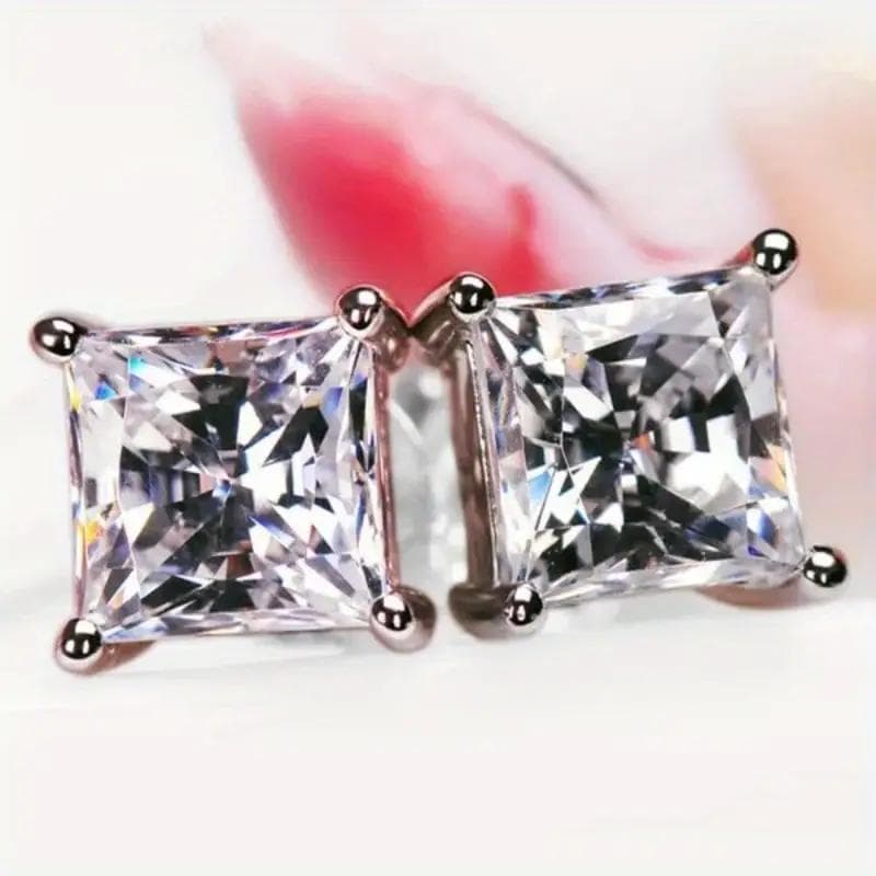 1pair 8mm Square Imitation Zircon Stud Earrings for Women, Wedding Christmas Gift silver