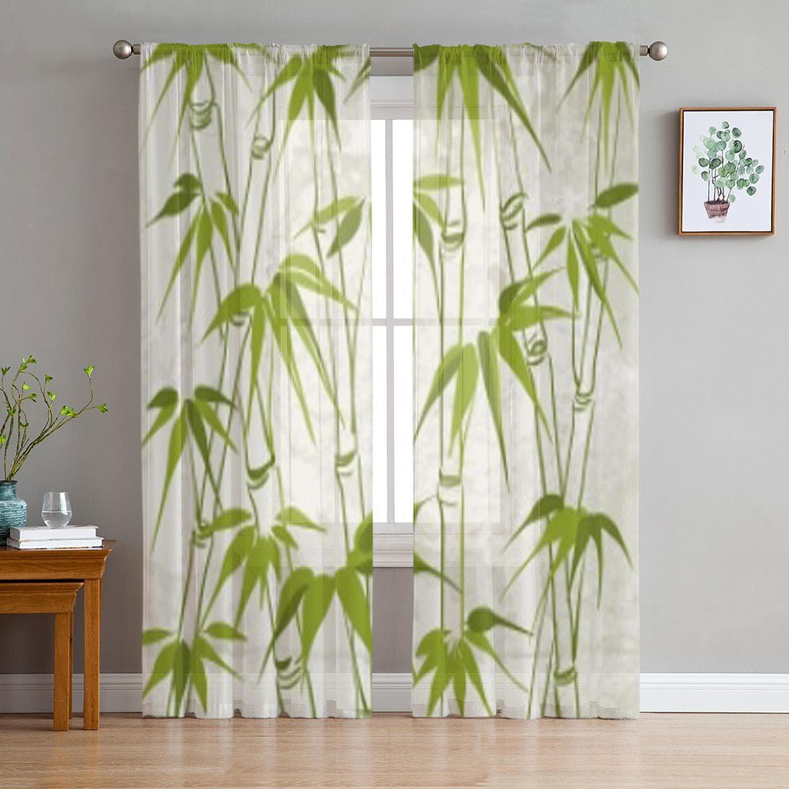 Bamboo With Leaves Pattern Tulle Sheer Curtains for Living Room the Room Bedroom Kitchen Decoration Voile Organza Curtains 135W x 114H(cm)