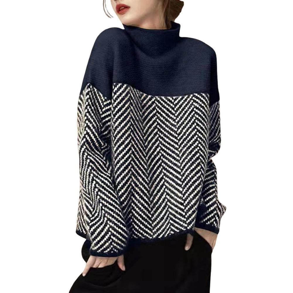 Women Sweater Half High Collar Long Sleeve Color-Blocked Loose Fit Knitting Top Autumn Winter Thick Warm Pullover Tops One Size navy blue