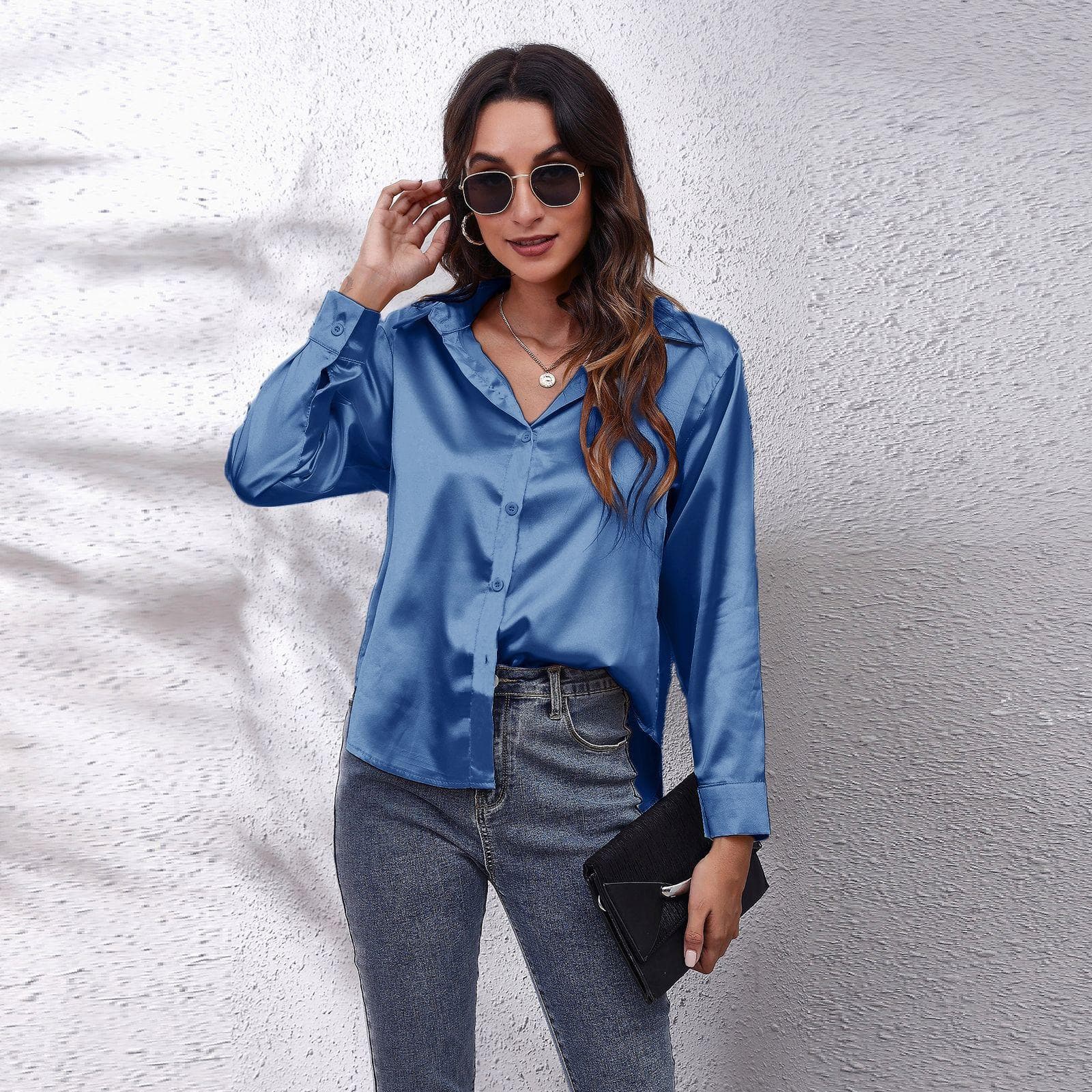 Silk Shirt Women's Satin Imitation Silk Long sleeved Shirt L blue