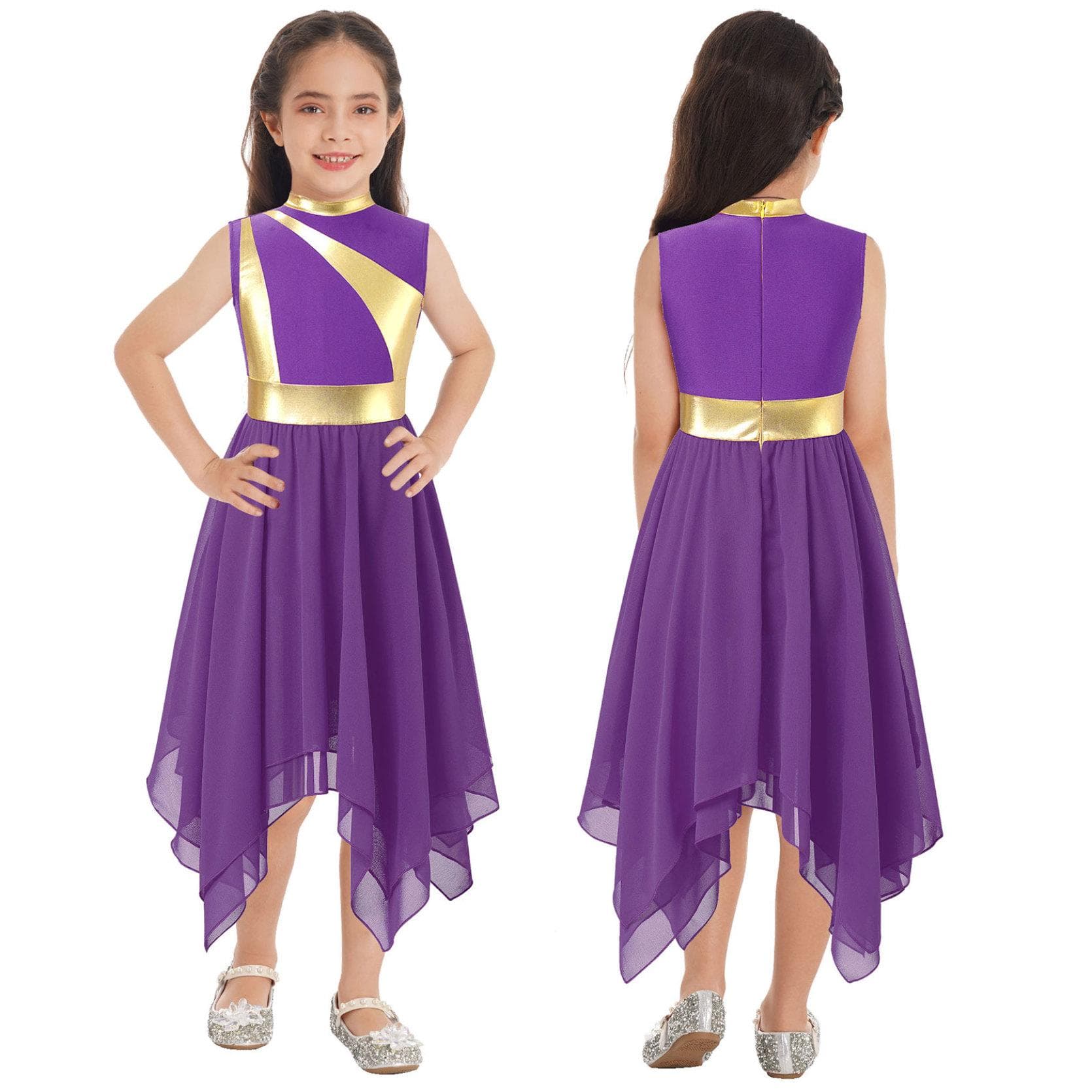 Kids Girls Praise Dancing Dress Metallic Patchwork Sleeveless Asymmetrical Hem Dress Modern Lyrical Dance Costume 7-8 Years purple