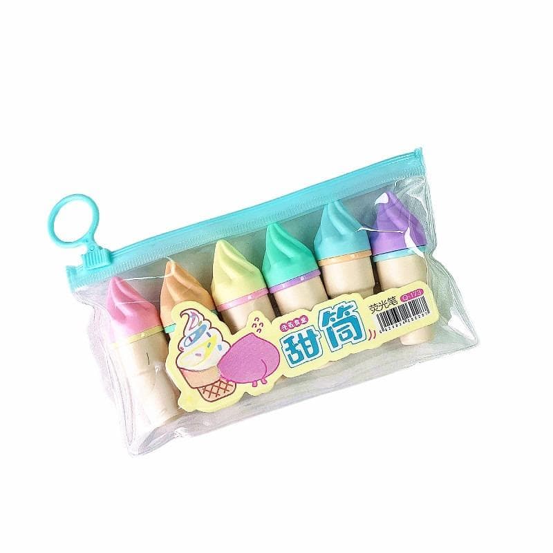 6Pcs Cute Ice Cream Highlighters Set Mini Marker Pens Kids Stationery Students Drawing Painting Tool Student School Supplies white
