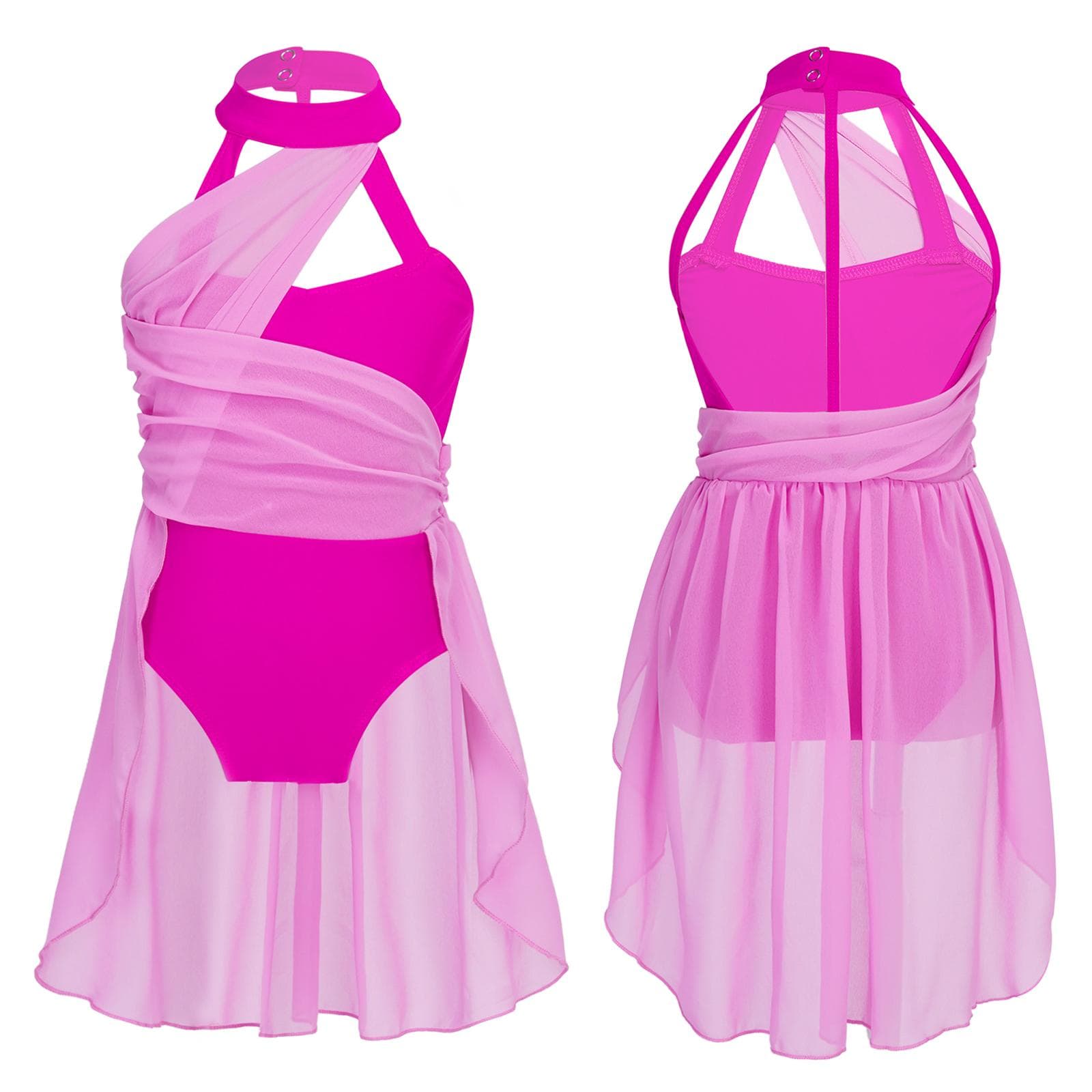 Kids Girls Sleeveless Ruched Chiffon Bodice Caged Back Leotard Dress for Lyrical Contemporary Dance 10-12 Years Rose