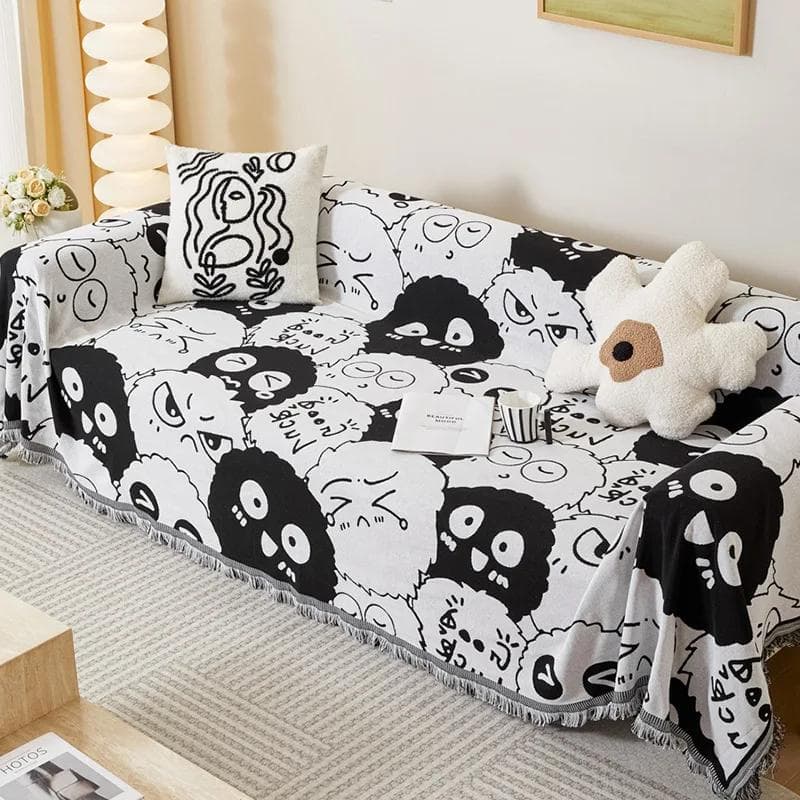 Cartoon Sofa Cover Towel Jacquard Double Use Beds Blanekets Throw Blanket Picnic Mat With Tassel Sofa Bed Universal Decorative 90x90cm 1pcs