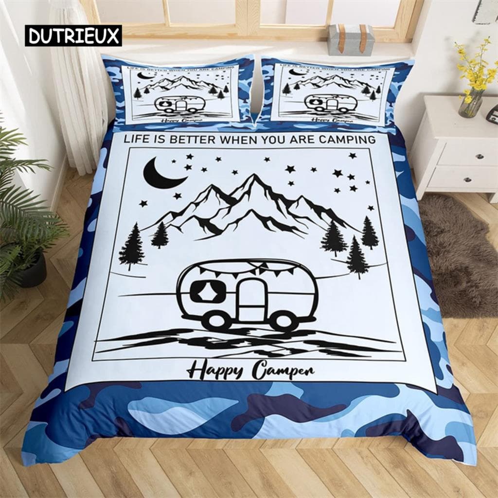 Camping Duvet Cover Microfiber Galaxy Stars Moon Happy Camping Comforter Cover Camper Truck Geometry Mountain Trees Bedding Set EU single(135x200cm)