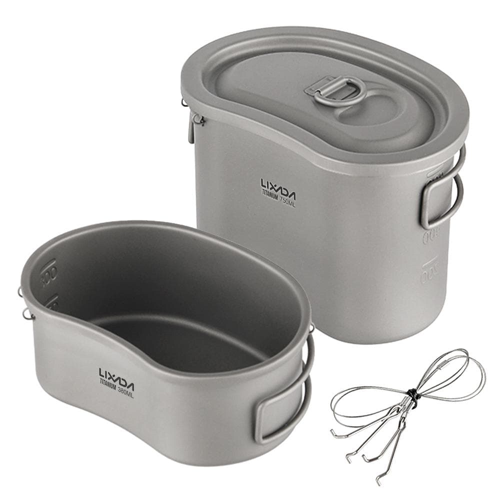Lixada Outdoor Camping Titanium Canteen Set 380ml 750ml Hanging Pot Home Picnic Backpacking