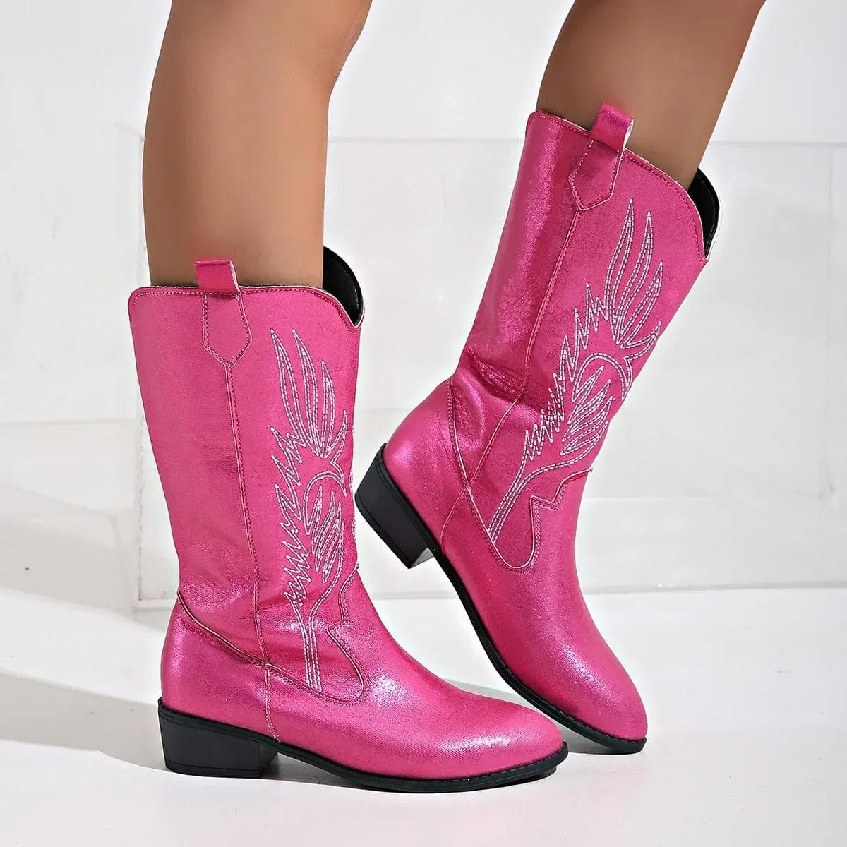 Fashion Women Fashion Slip on Knight Boots Ladies Autumn Winter Thick Sole Knight Boots Pointed Toe Square Heel Embroidered Cowboy Boots 42 rose red