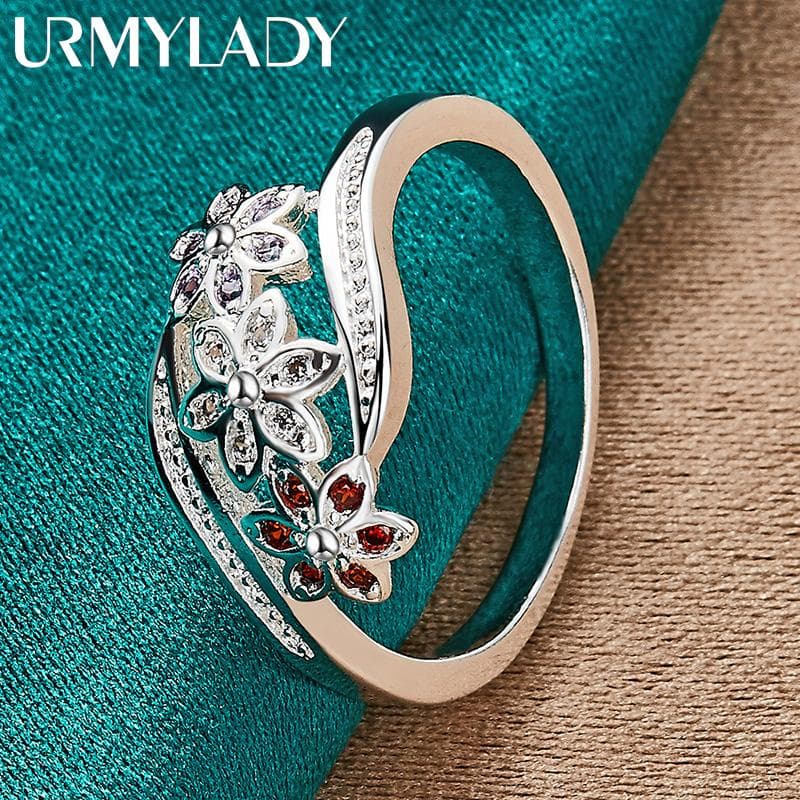 925 Sterling Silver Red Zircon Flower Ring For Women Wedding Charm Engagement Fashion Jewelry Resizable
