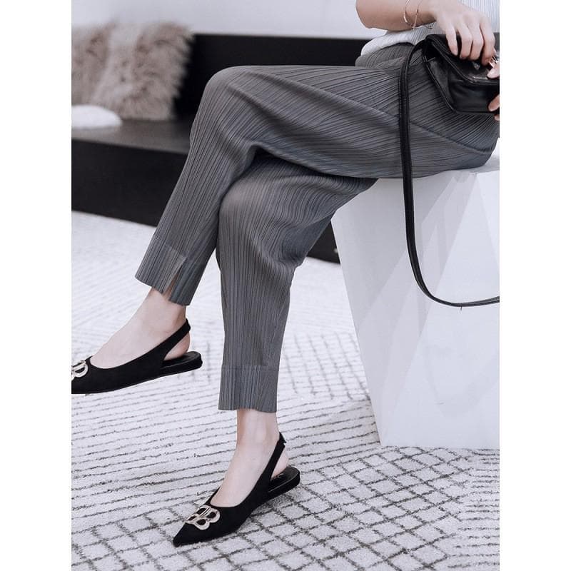Miyake Women's Summer Pleated Cropped Pants: Trendy Loose-Fit Straight-Leg Style Medium gray