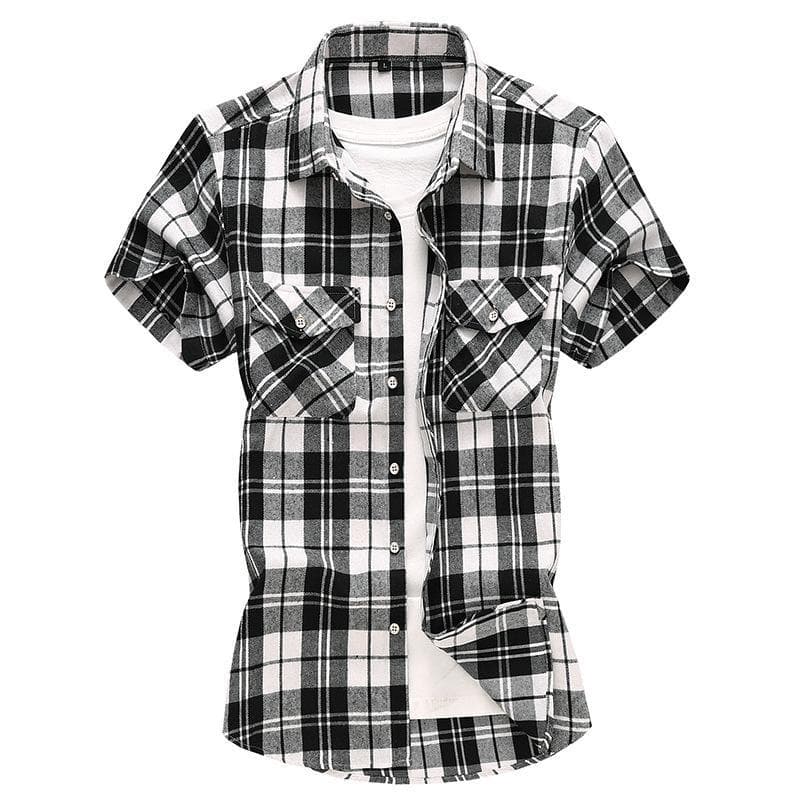 2023 Men's Plaid Casual Short Sleeve Shirt with Double Pockets - Summer Fashion, Large Size 6XL white/black
