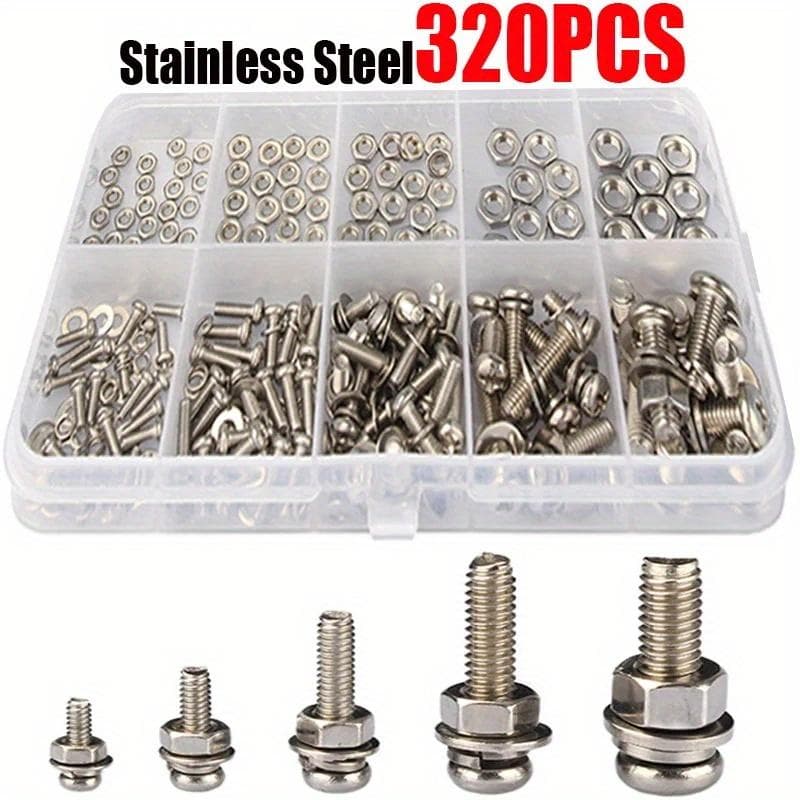 320Pcs Stainless Steel SS304 Screws An Head Screws Nuts Bolts Assortment Kit M2 M2.5 M3 M4 M5 Metic Nut And Bolt Assortment 320pcs