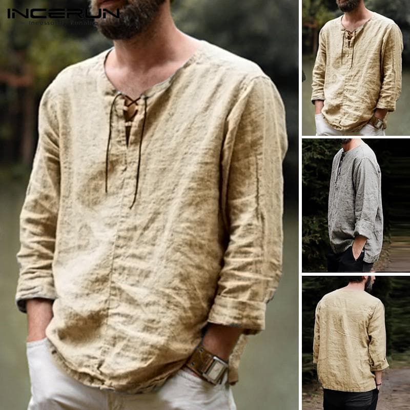 INCERUN 100% Cotton Men Long Sleeve Lace Up Shirts Vintage Solid Color Casual Shirt Tops S-XXXXXL S khaki