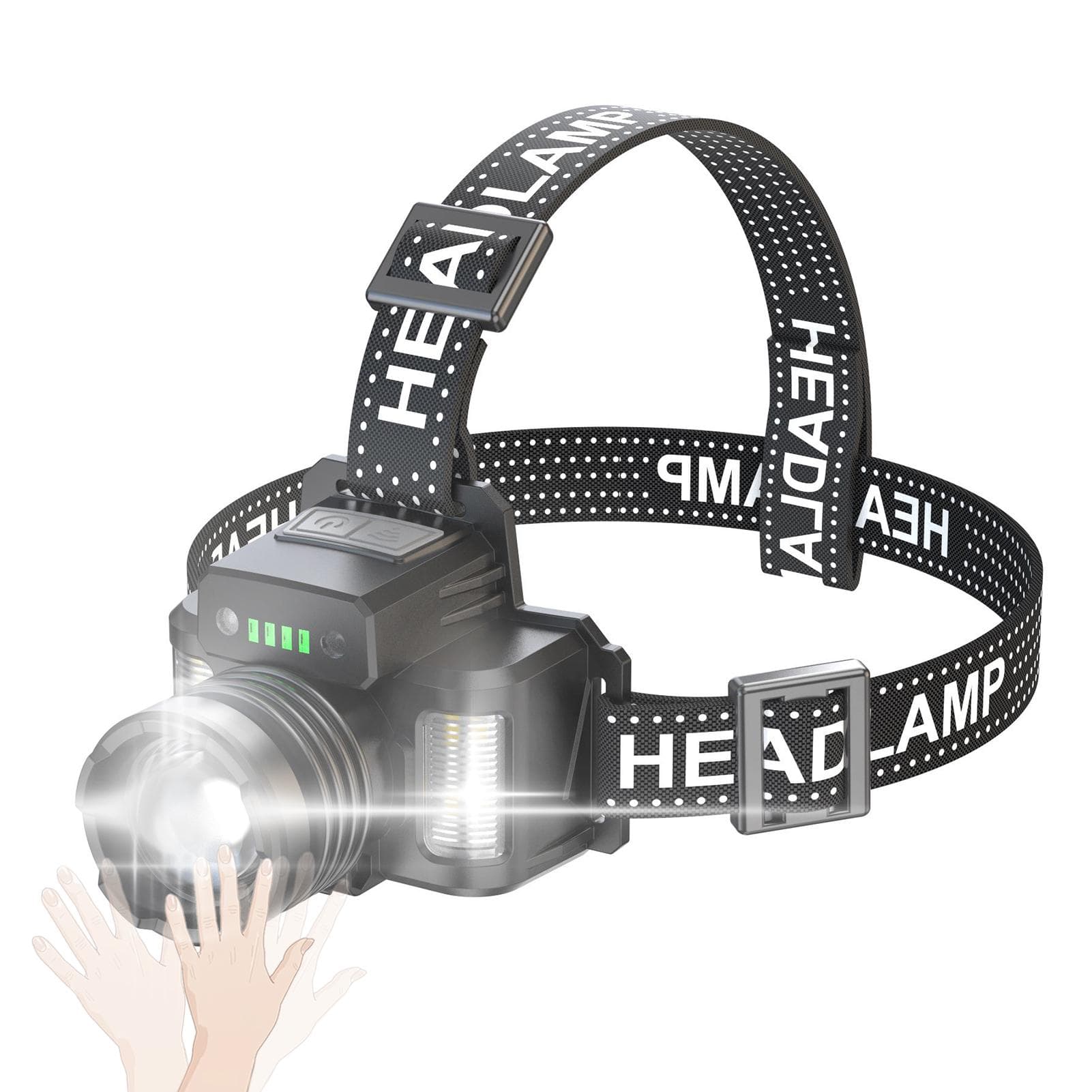 LED Headlamp with Motion Sensor Waterproof USB Rechargeable Headlight Zoomable Head Lamp Work Light black
