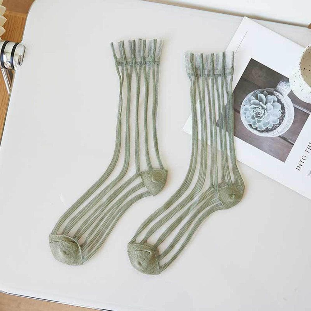 Fashion Striped Mesh Glass Silk Socks For Women Thin Transparent Elastic Summer Nylon Socks Breathable Middle Tube Socks One Size green