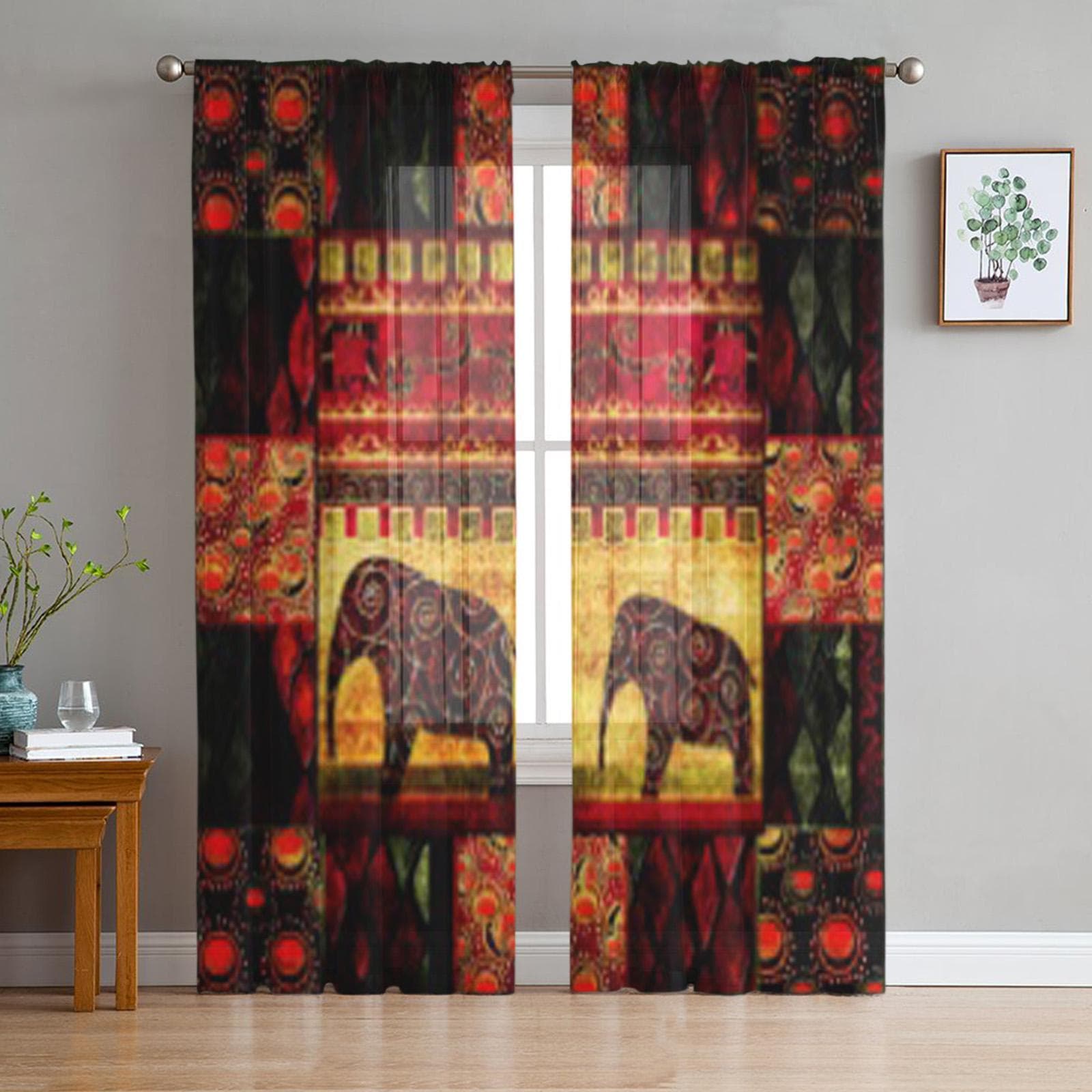 Patchwork African Grunge Print Vintage Retro Chiffon Sheer Curtains for Living Room Bedroom Window Curtain Voiles Tulle Cortinas 135W x 114H(cm)