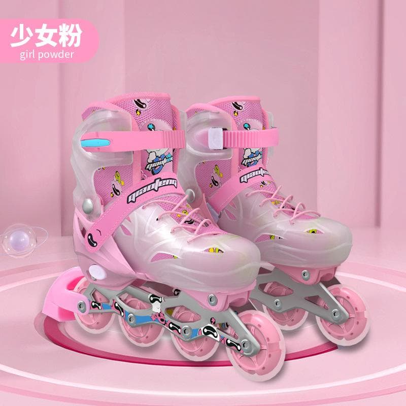 New Children's Men's and Women's Suit Skates Professional Full Flash Adjustable Roller Skates Single Row Straight Row PU Wheel Roller Skates S (size 27-32) pink