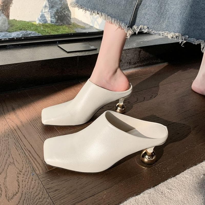 Square Toe Elegant Women Slippers Fad Mid Heels Leather Sandals Mule Shoes New Trend Spring Designer Dress Femme 39