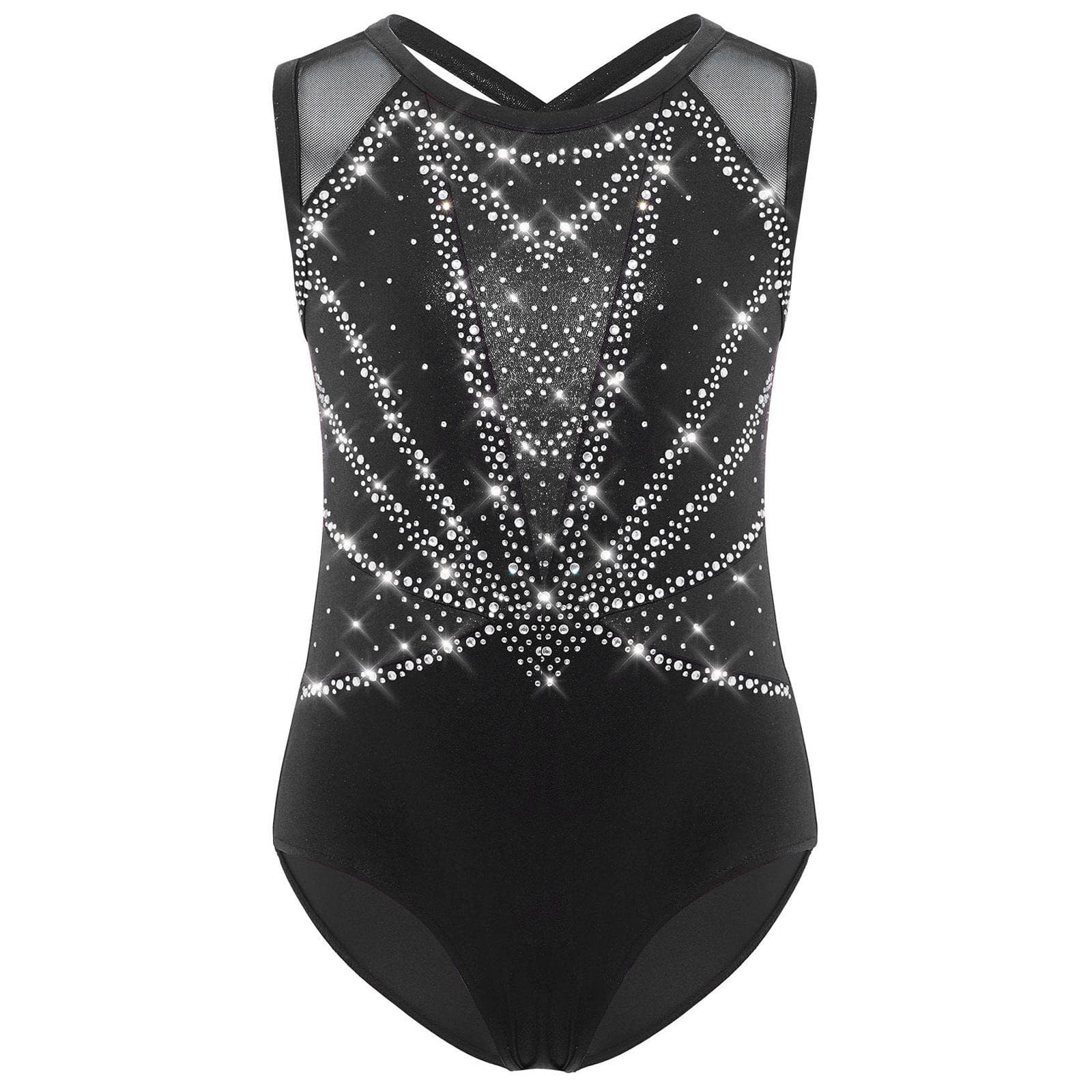 Kids Girls Crisscross Back Leotard Sleeveless Round Neck Shiny Rhinestones Metallic Dance Costume 15-16 Years silver/black