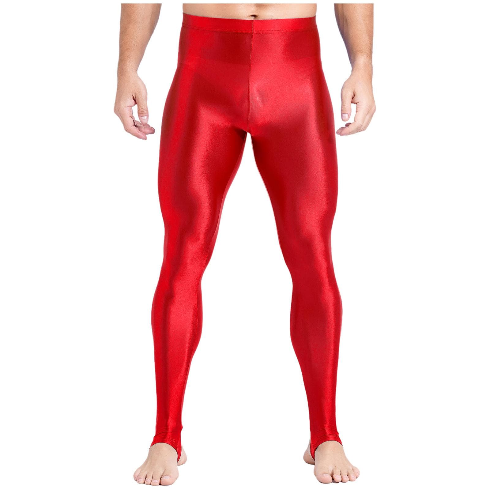Mens Plus Size Glossy Leggings High Waist Tummy Control Fitness Gym Workout Pants L red