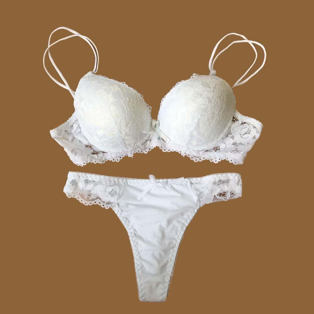 Lace Bra Thong Set Push up Underwear set Women Panties Hollow Lace Intimates Bras and Panty set 36D white