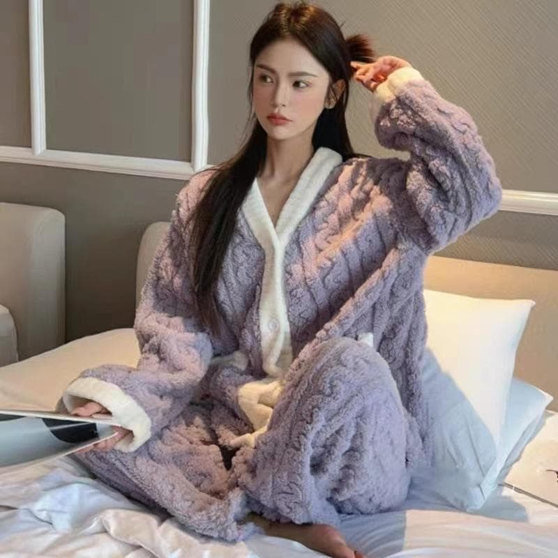 Padded Thickened Warm Women's Pajamas Autumn Winter Comfortable Casual Outer Wear Loose Coral Velvet Solid Striped Homewear L purple