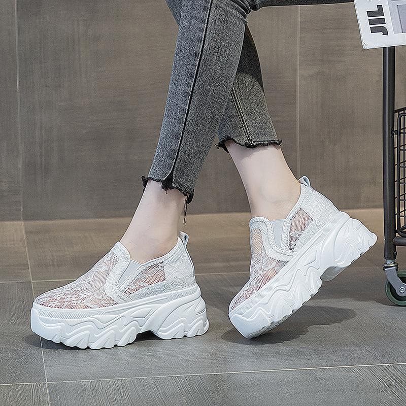 Summer Women Shoes Woman Breathable Mesh Sneakers Flats Lace Loafers Thick Heels Platform Wedges Casual Shoe 34 white