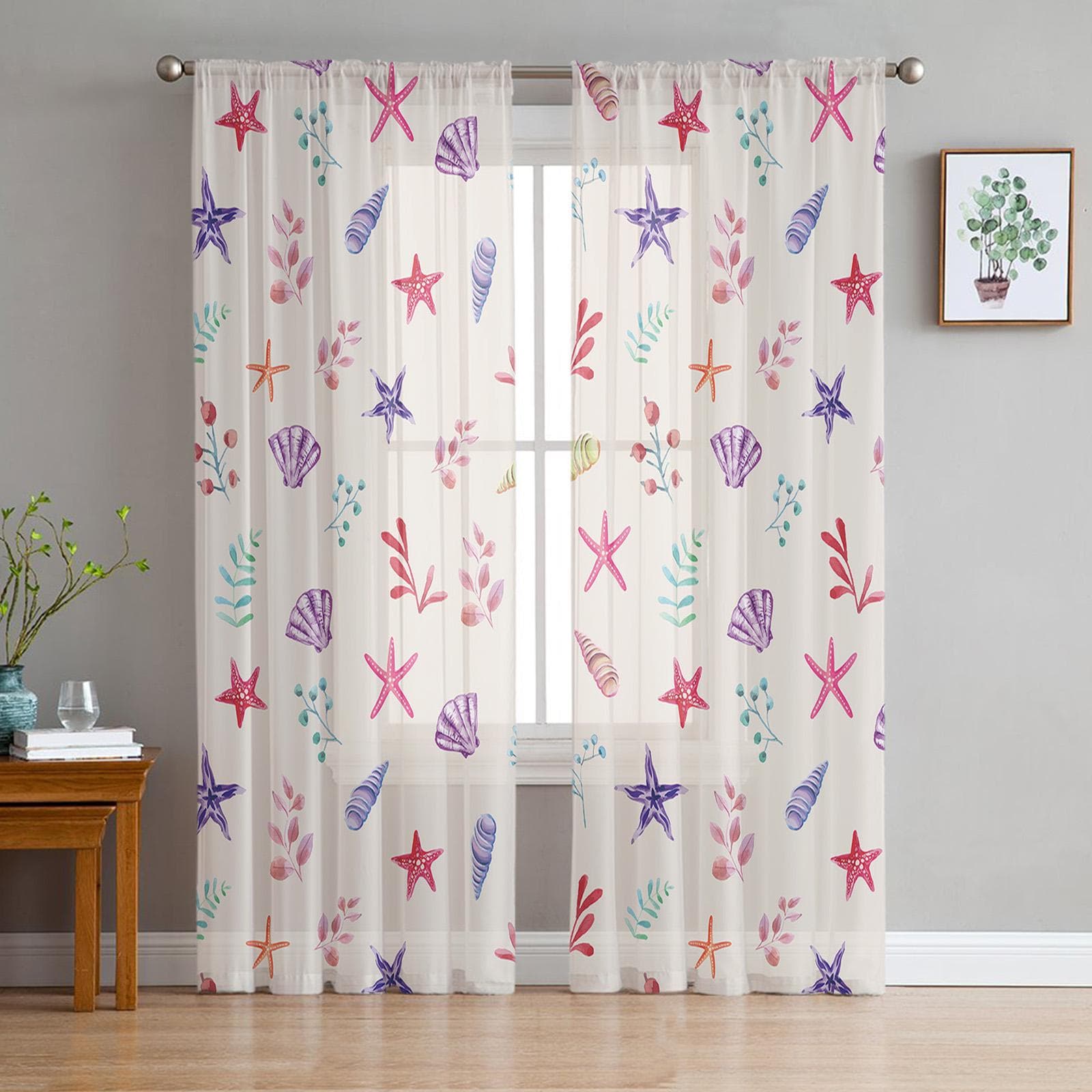 Flowers Foliage Gradient Shells Starfish Voile Sheer Curtains Living Room Window Tulle Curtain Kitchen Bedroom Drapes Home Decor 135W x 114H(cm)