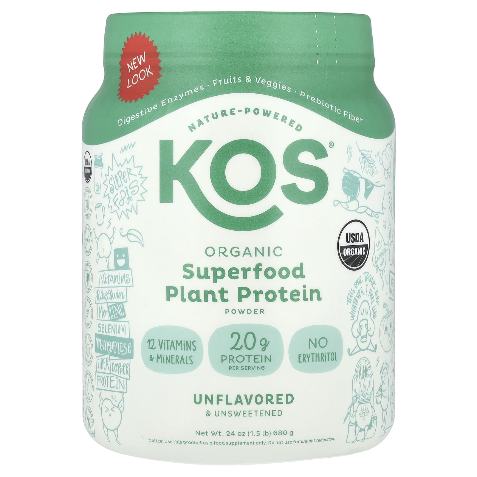 KOS, Organic Superfood Plant Protein Powder, Unflavored and Unsweetened, 1.5 lb (680 g)
