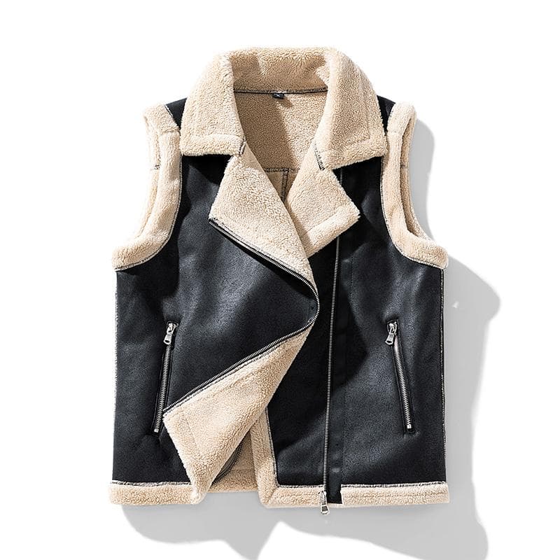 Men's Sleeveless Leather Jacket Vintage Punk Style Fur Lined with Wool Warm Winter Wear 4XL black