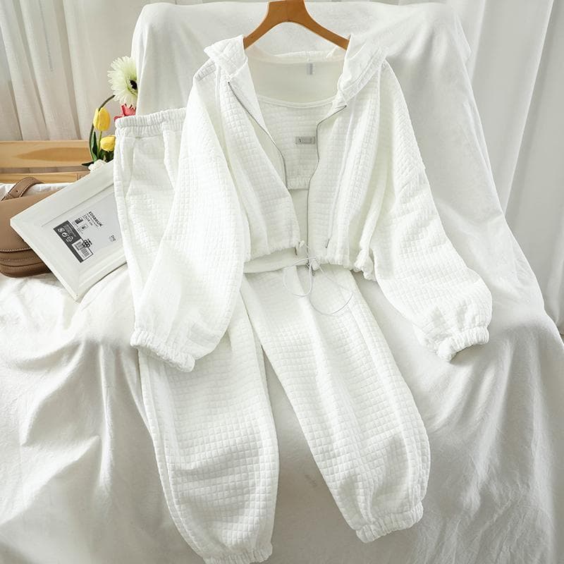 Women 3 Piece Set Solid Color Sweatshirt Set Hooded Sexy Camisole High Waist Trousers Female Fashion Casual Suit L white