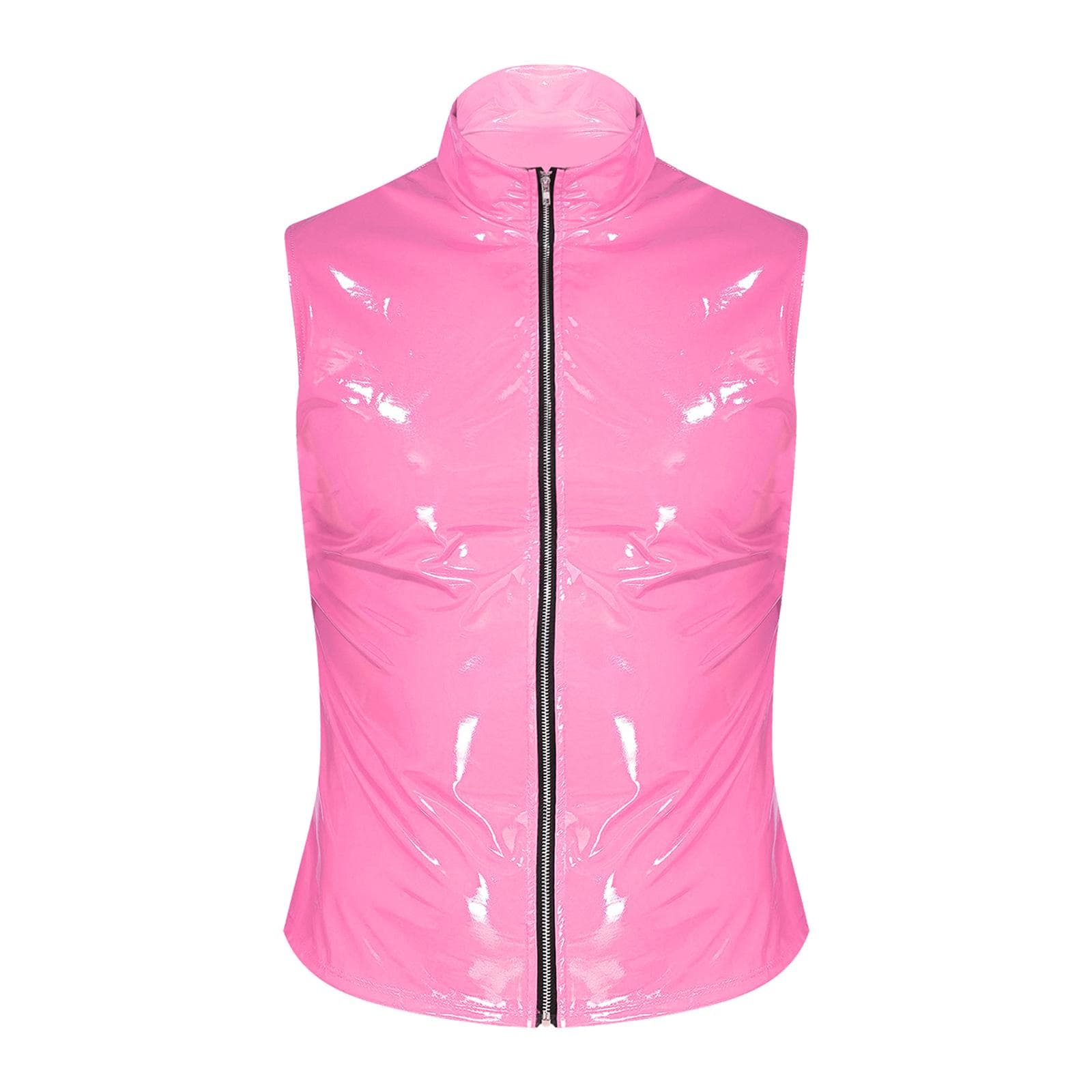 Mens Sleek Zipper Vest Patent Leather Stand Collar Sleeveless Jacket Clubwear Night Out Tops XXL pink