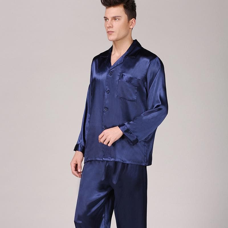 Men's Black Silk Pajamas - Long-Sleeved, Solid Color, Large Size Summer Homewear XL blue