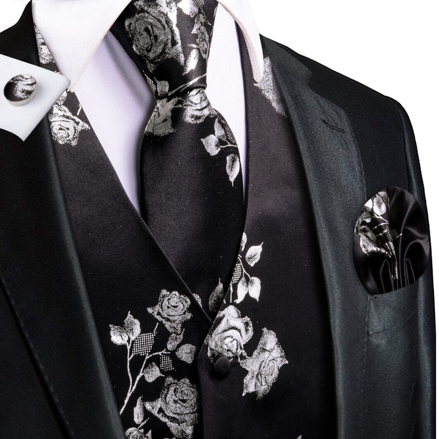 Hi-Tie Tuxedo waistcoat for Men Suit Vest Necktie Handkerchief Cufflinks Set for Wedding Business XL