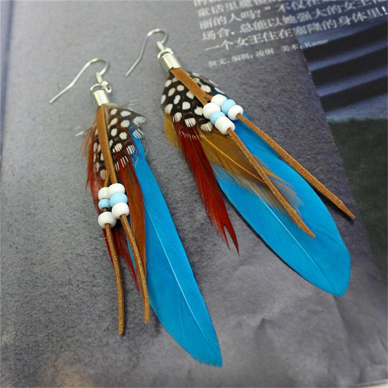 Fashion Tassel Dangling Earrings Feather Leather Beads Earrings Indian Feathers blue