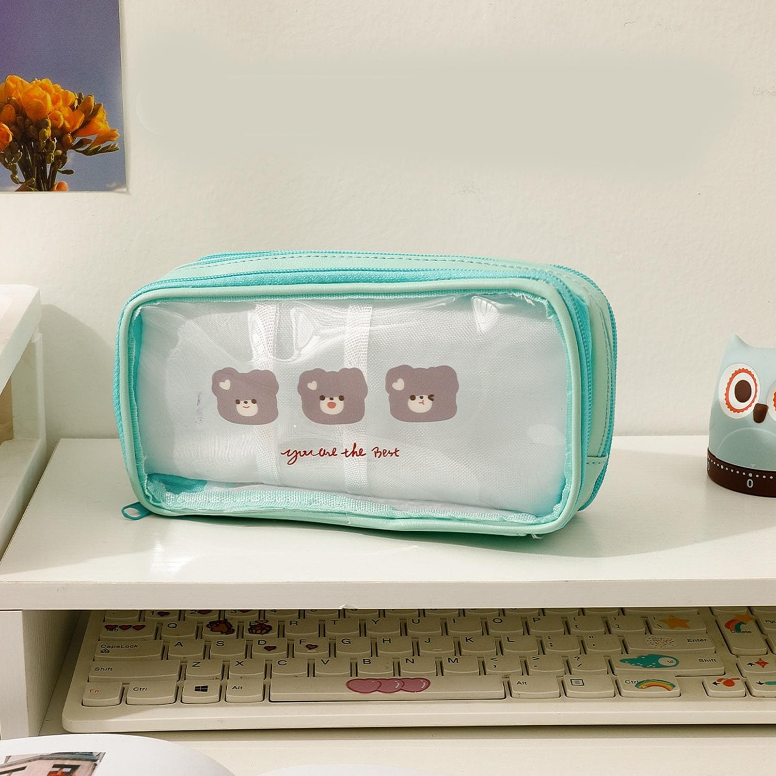 Transparent Pencil Case Cute Cartoon Pattern Large Capacity Waterproof PVC Pen Case Pencil Storage green
