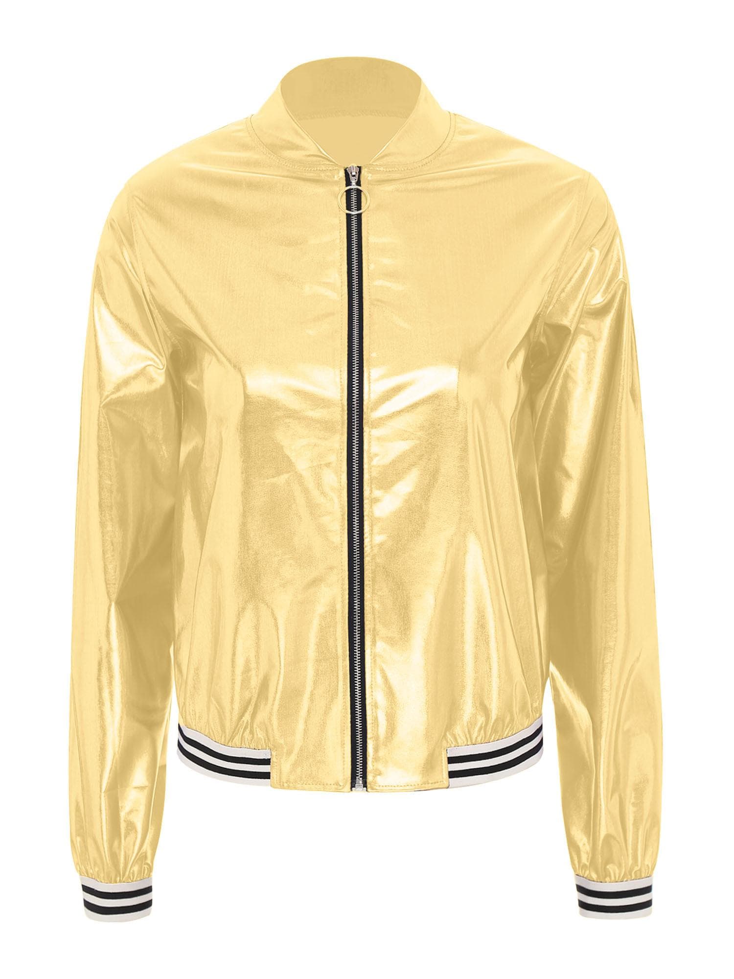 Womens Holographic Bomber Jacket Metallic Shiny Long Sleeve Zipper Front Striped Band Baseball Coat XXL gold
