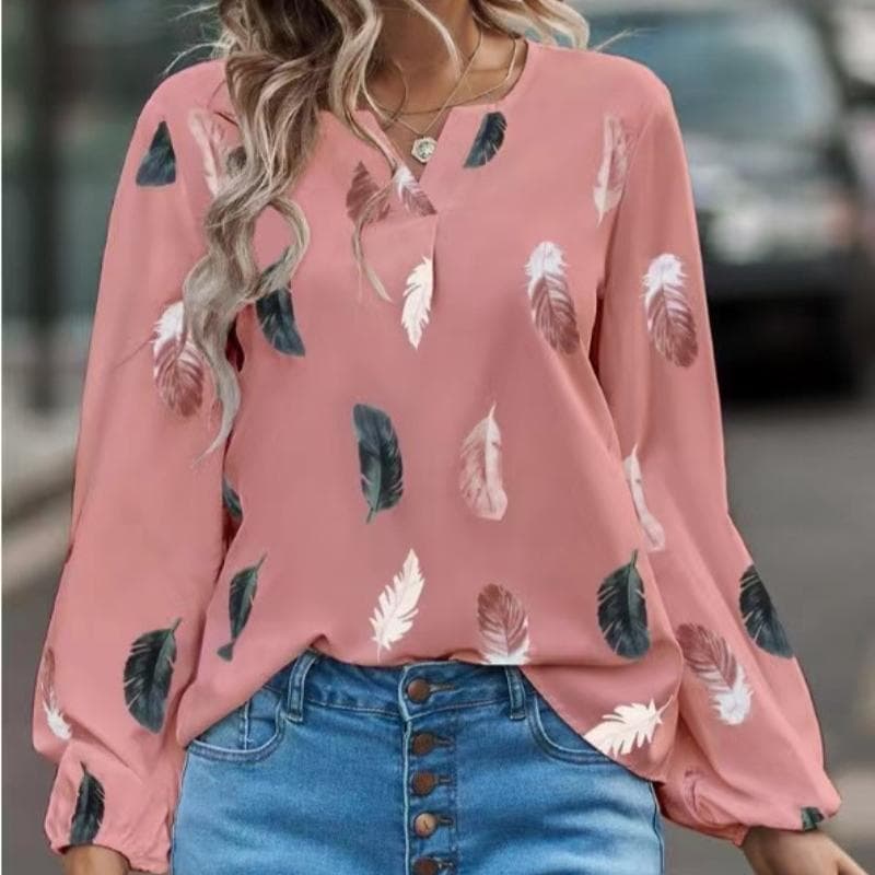 Fashion Woman Blouse Shirts For Women Stylish Top Long Sleeve Feather Pattern Female Tops Elegant Chiffon Woman Clothes L pink
