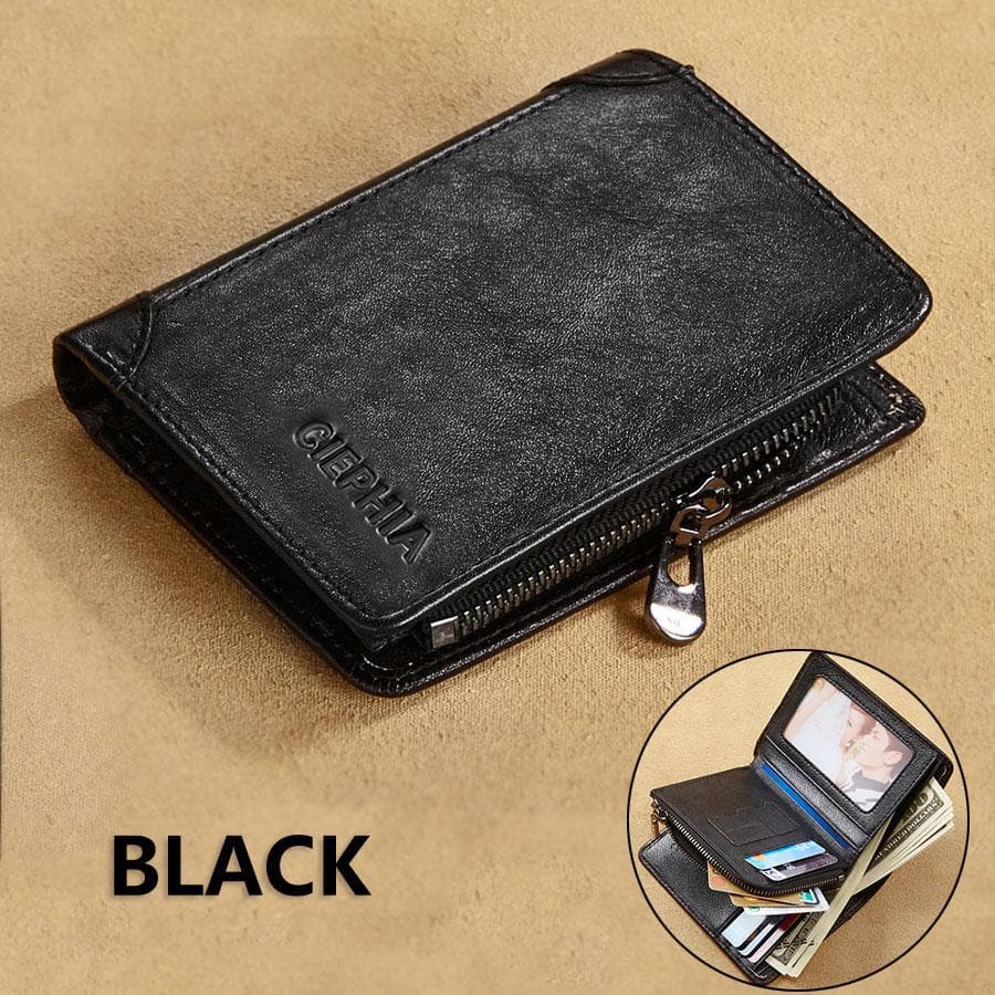 Genuine Leather Wallets for Men Vintage Short Multi Function Business Purse RFID Blocking Zipper ID Credit Card Holder Money Bag black