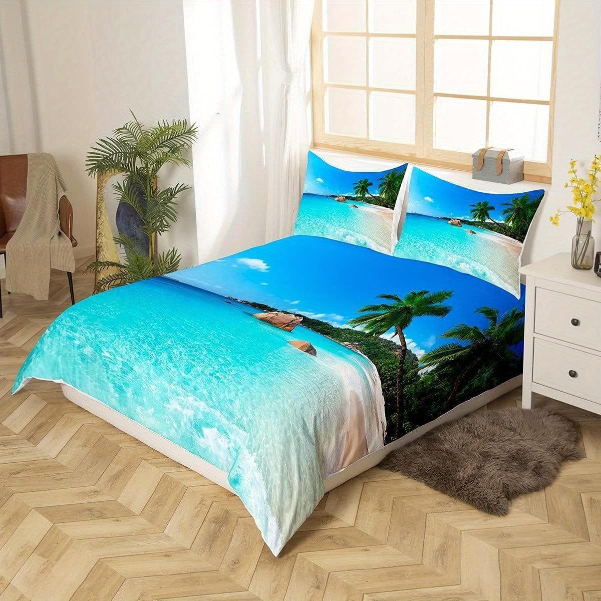 2/3pcs Beach And Sea View Printed Duvet Cover Set, Landscape Bedding Set For Bedroom Decor Eu Single135x200cm