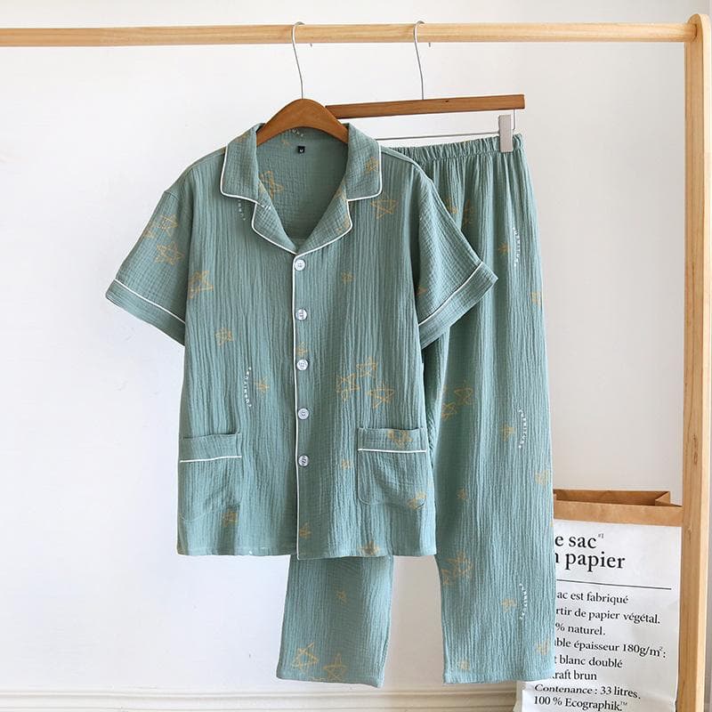 New Spring and Summer Men's Pajamas Set 100% Cotton Crepe Short-sleeved Trousers Set Large Loose Casual Home Wear XL green