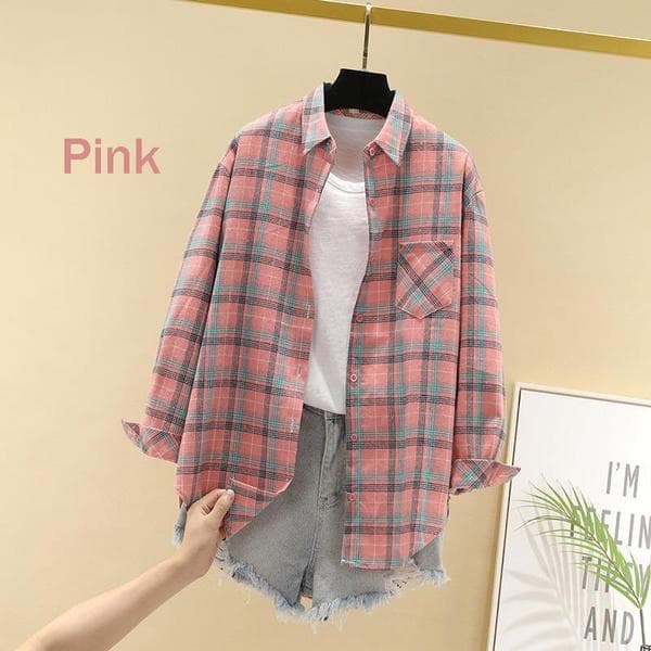 Women's Long Sleeve Plaid Shirt M pink
