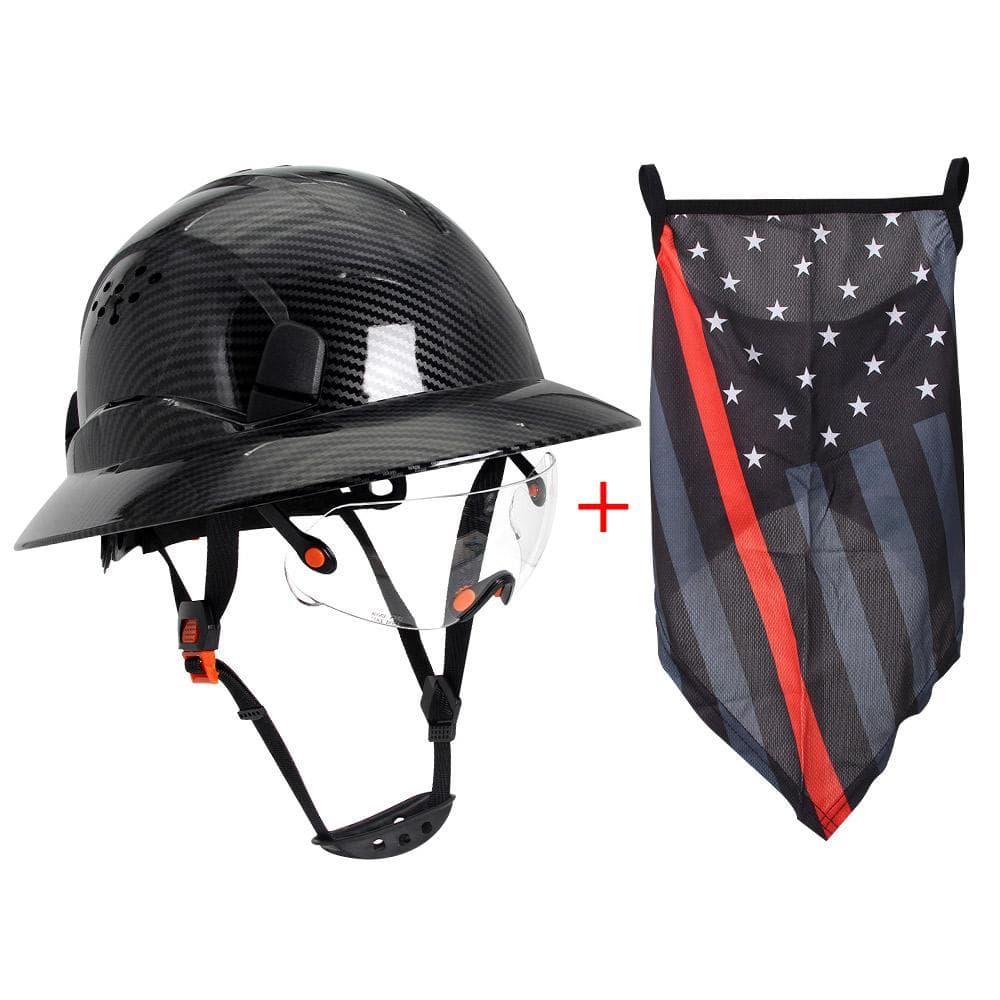 CE Carbon Fiber Full Brim Hard Hat W/ Built In Goggle Triangle Face Towel Construction Engineer Safety Helmet ABS Safety Cap