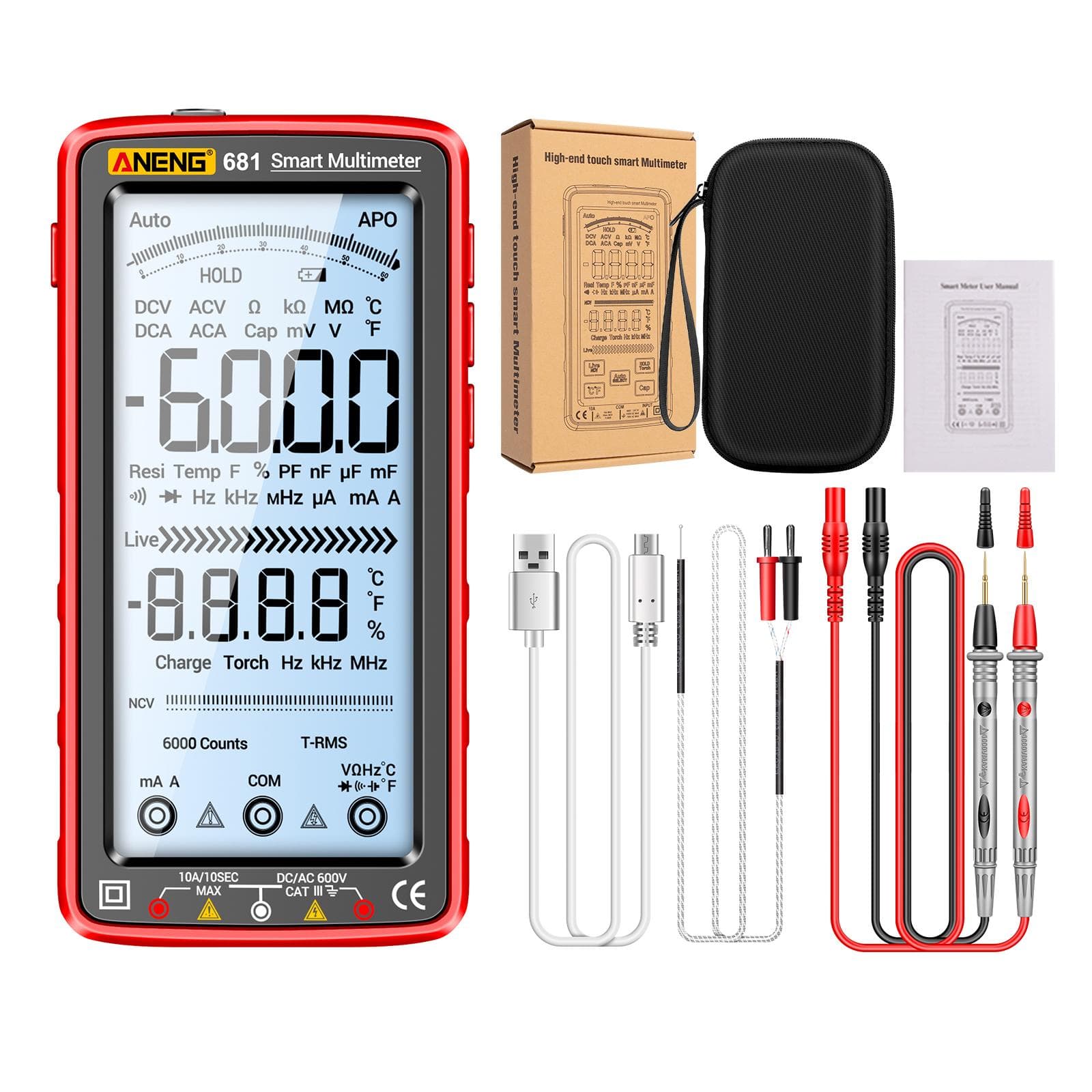 ANENG 681 6000 Counts Digital Multimeter Smart Anti-burn Rechargeable Universal Meter NCV Tester red