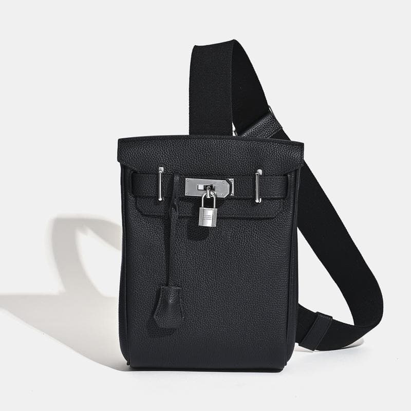 2025 New Unisex Top Layer Cowhide Chest Bag Shoulder Bag Genuine Leather Backpack With Lock Hanging Decoration 17 x 8 x 27CM+silver buckle black