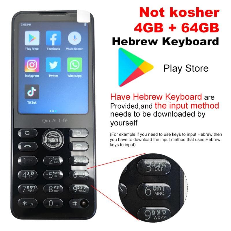 Qin F21 Pro phone Hebrew keyboard Google black